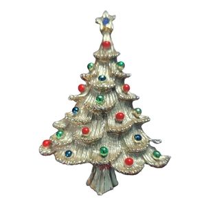 Vintage Christmas Tree Pin Brooch Gold Red Blue Green Lights Signed Gerry's